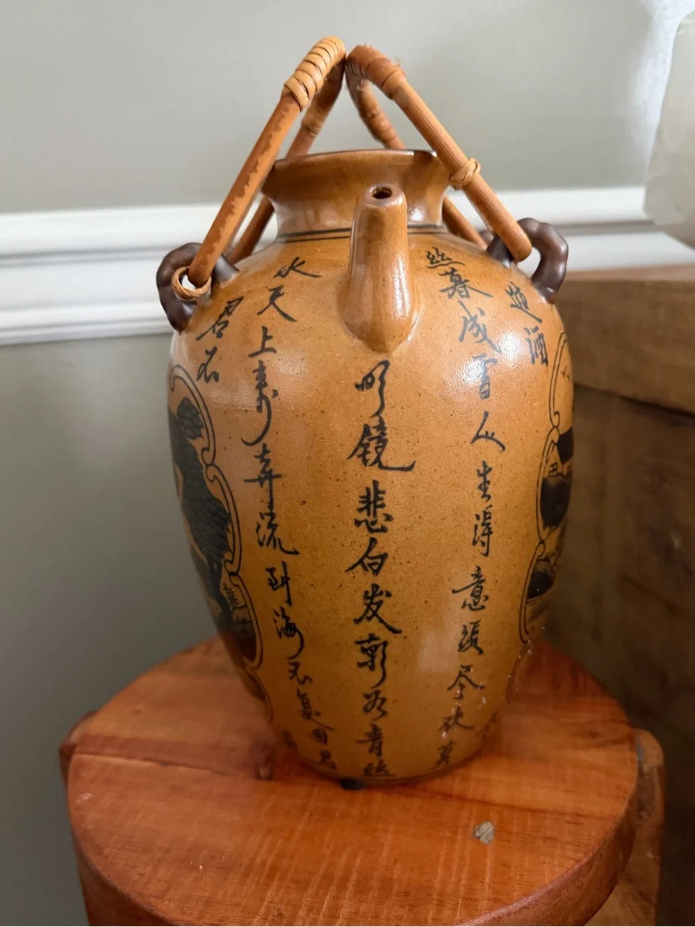 Vintage Chinese Decorative Ceramic Teapot hanging jug Vase with Bamboo Handle